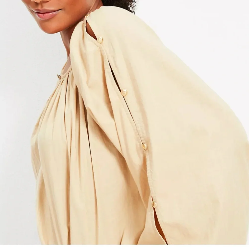 LOFT button puff long sleeves Tan Gathered split Neck Blouse Sz XL‎